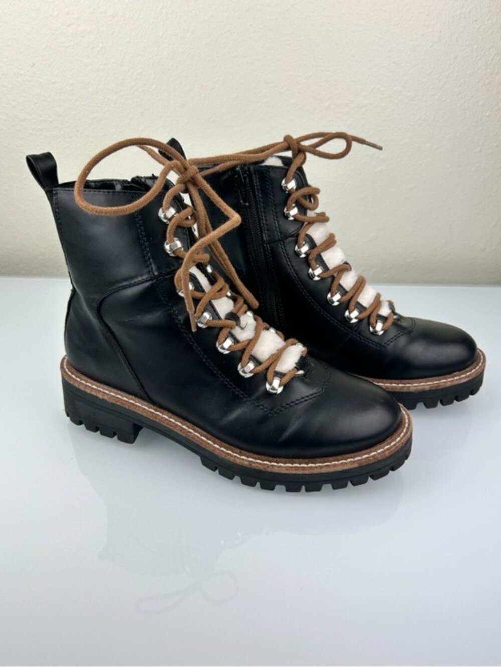 A New Day Target Black Faux Leather Fur Lace-Up Combat Winter Boots Sz 6.5 Fall - Picture 7 of 16
